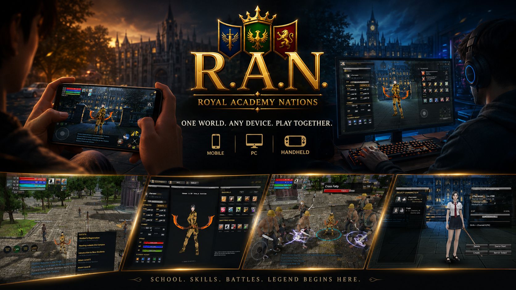 R.A.N. character art alongside campus exploration and character-menu screenshots